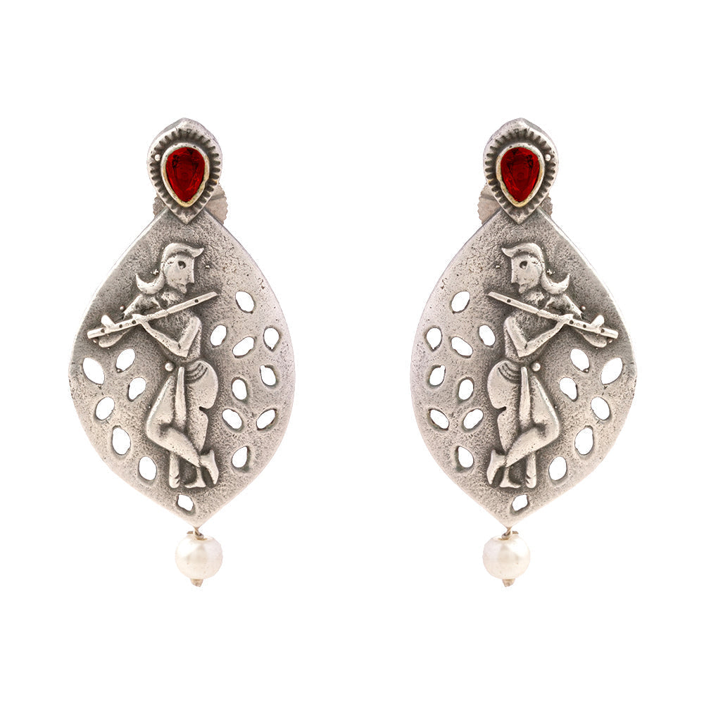 Kanha- Silver Brass Pearl Stud Earrings(Red)