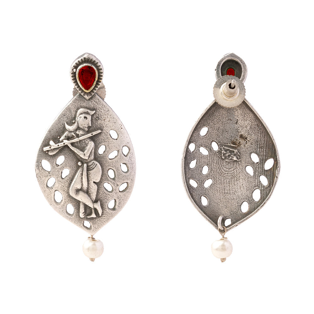Kanha- Silver Brass Pearl Stud Earrings(Red)