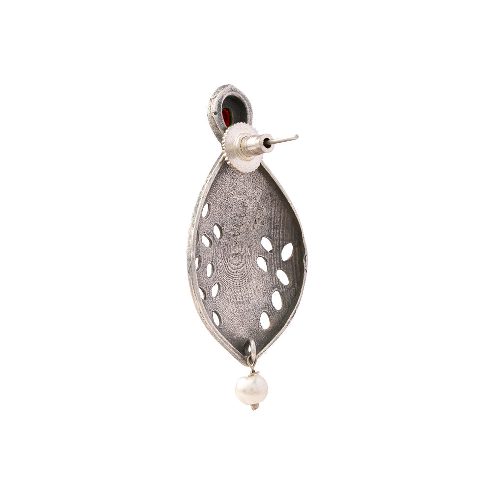 Kanha- Silver Brass Pearl Stud Earrings(Red)