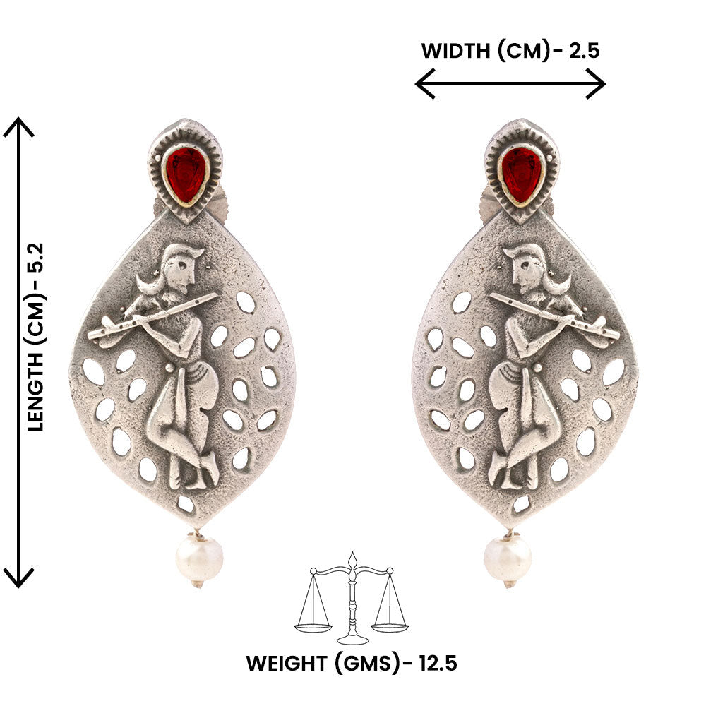 Kanha- Silver Brass Pearl Stud Earrings(Red)