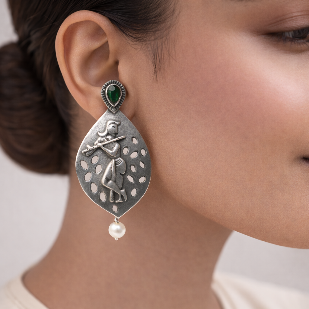 Kanha- Silver Brass Pearl Stud Earrings(Green)