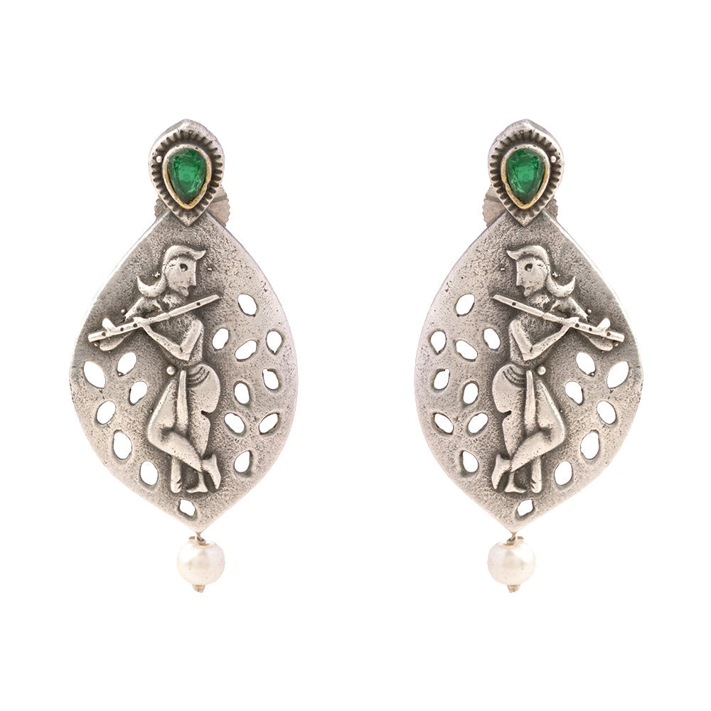 Kanha- Silver Brass Pearl Stud Earrings(Green)