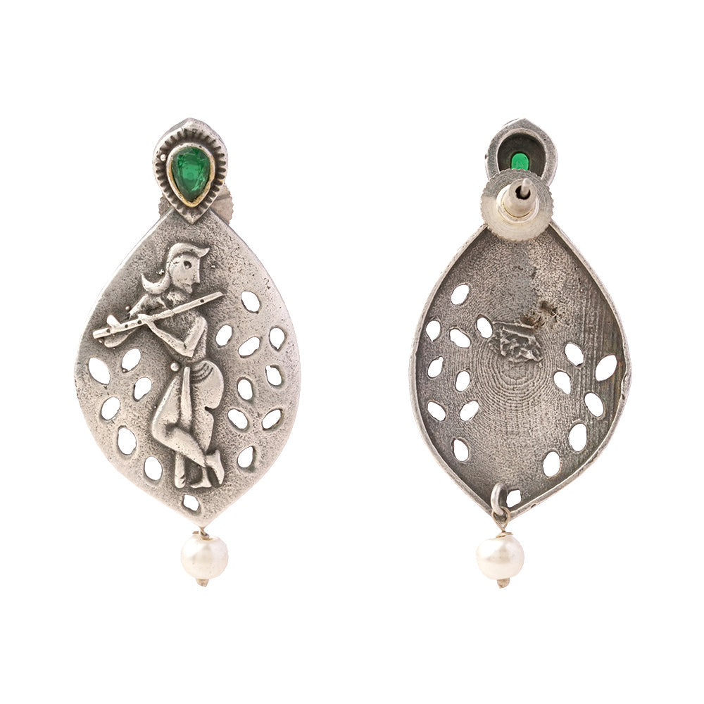 Kanha- Silver Brass Pearl Stud Earrings(Green)
