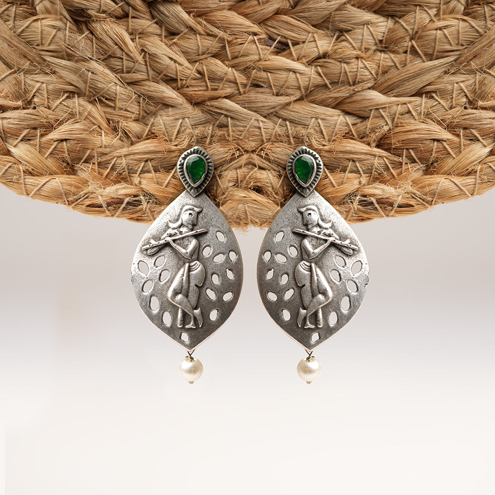 Kanha- Silver Brass Pearl Stud Earrings(Green)