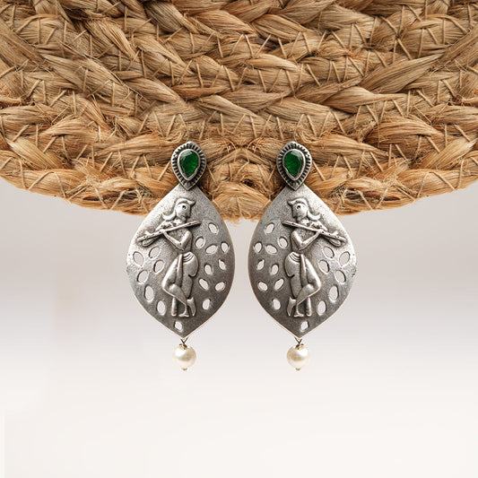 Kanha- Silver Brass Pearl Stud Earrings(Green)