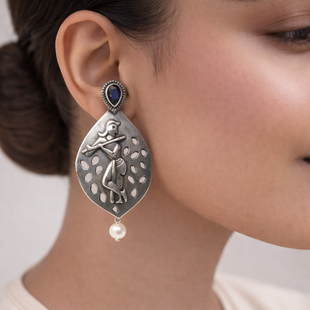 Kanha- Silver Brass Pearl dangler earrings(Black)