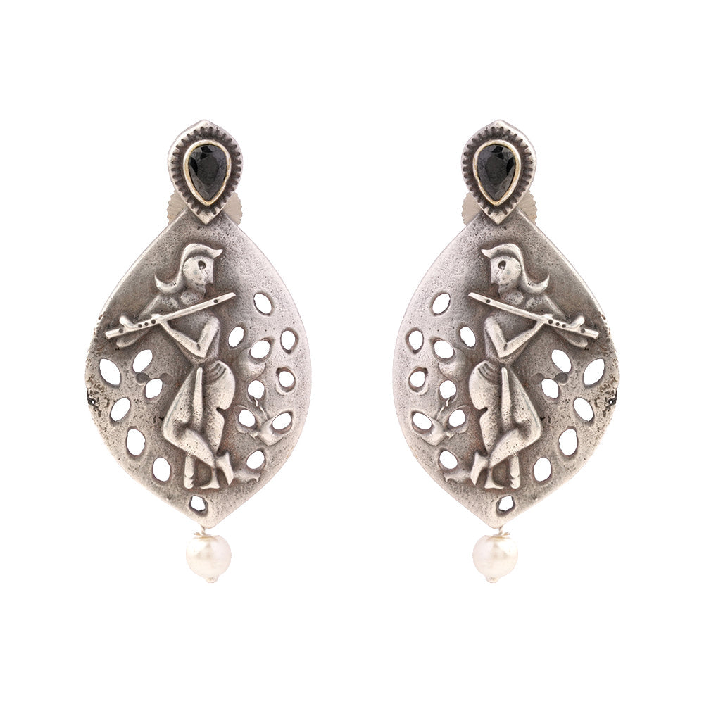 Kanha- Silver Brass Pearl dangler earrings(Black)