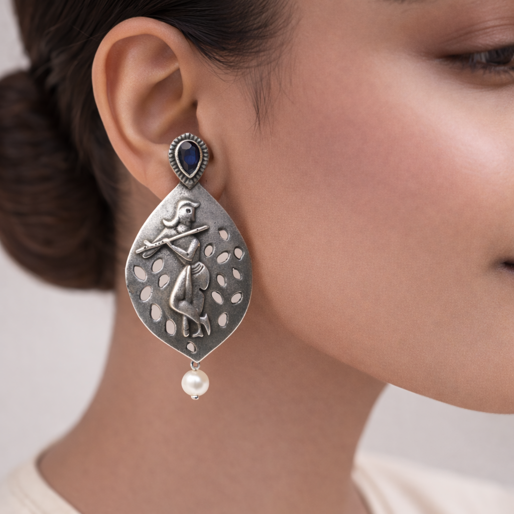 Kanha- Silver Brass Pearl dangler earrings(Blue)