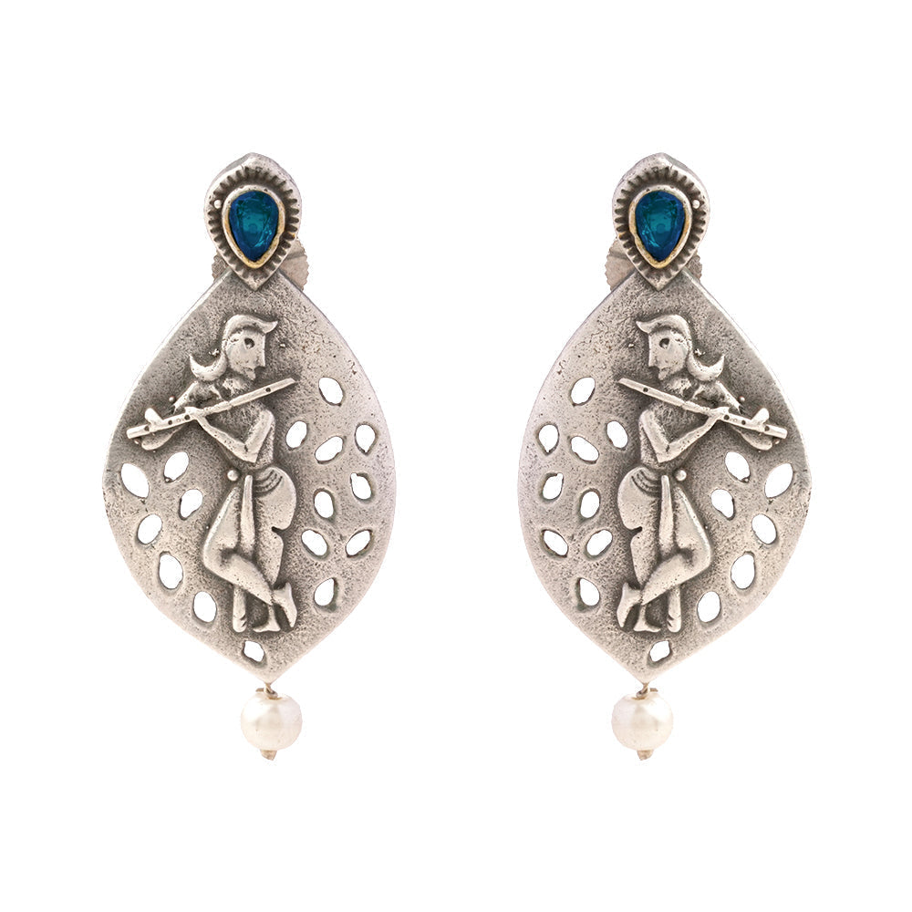 Kanha- Silver Brass Pearl dangler earrings(Blue)