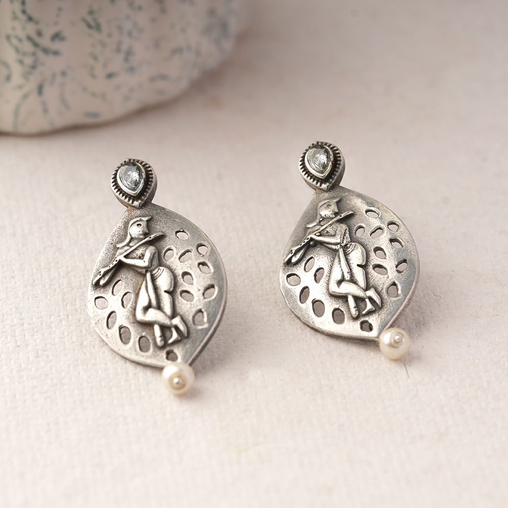 Kanha- Silver Brass Pearl stud earrings(White)