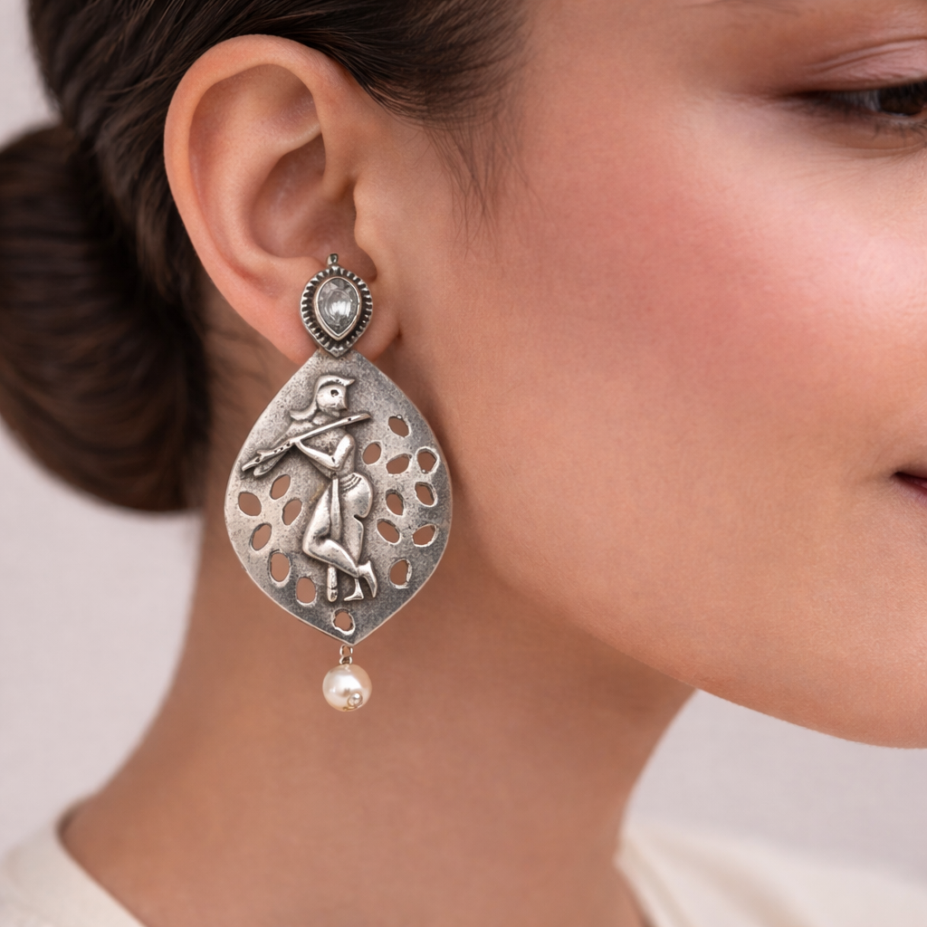 Kanha- Silver Brass Pearl stud earrings(White)