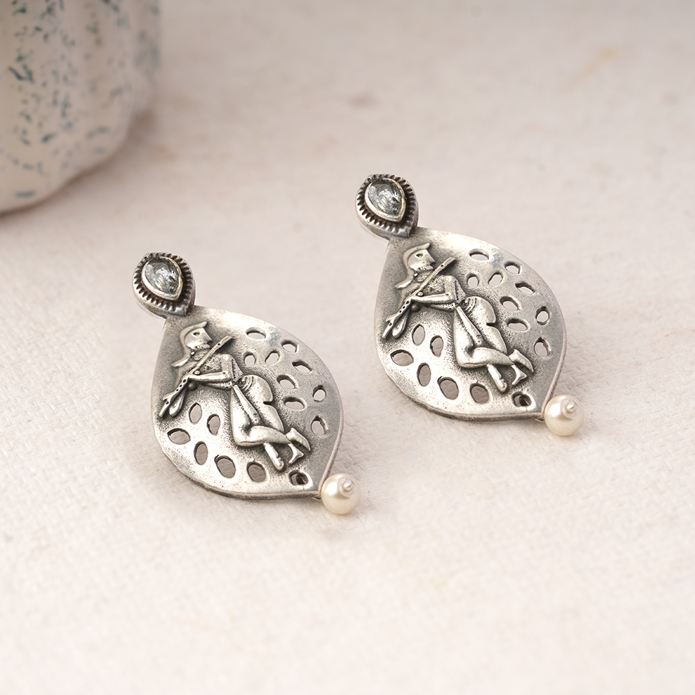 Kanha- Silver Brass Pearl stud earrings(White)