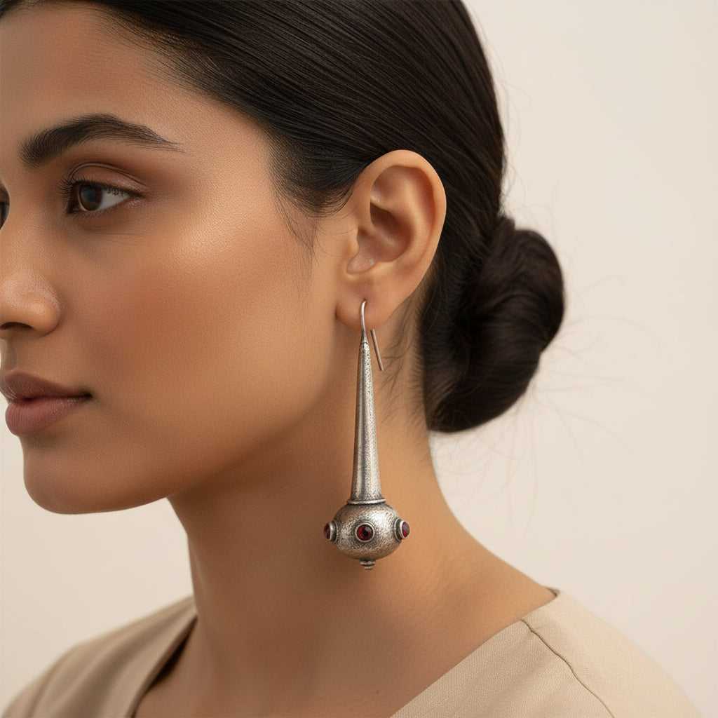Somya- Silver Brass Oxidised dangler earrings(Red)