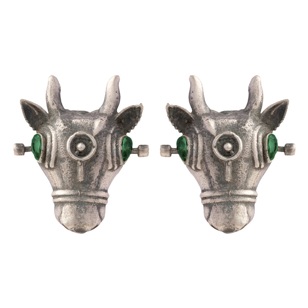Nandi- Silver oxidised Stone-Studded stud earrings(Green)