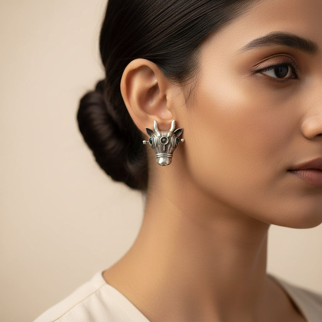 Nandi- Silver oxidised Stone-Studded stud earrings(Blue)