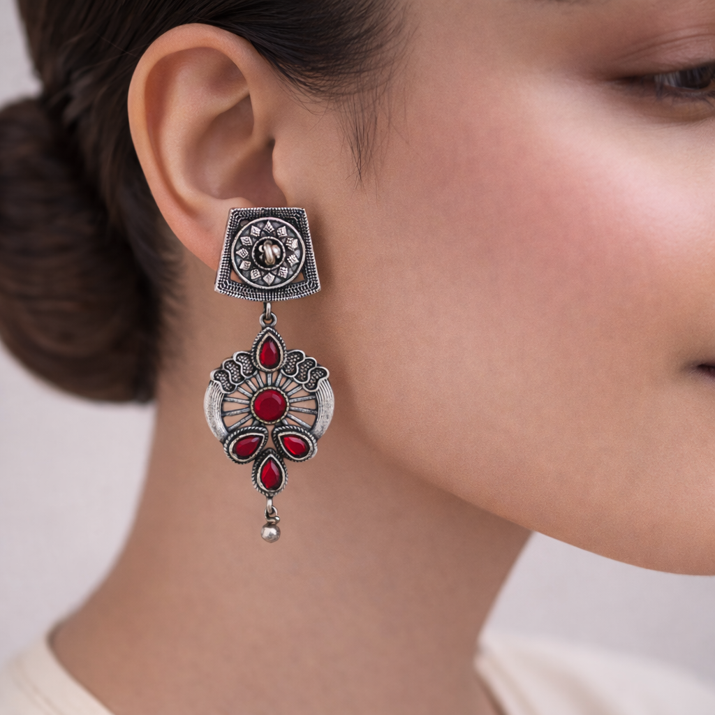 Gulbahar-Silver Brass Oxidised dangler earrings(Red)