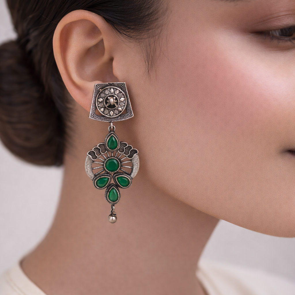 Gulbahar-Silver Brass Oxidised dangler earrings(Green)