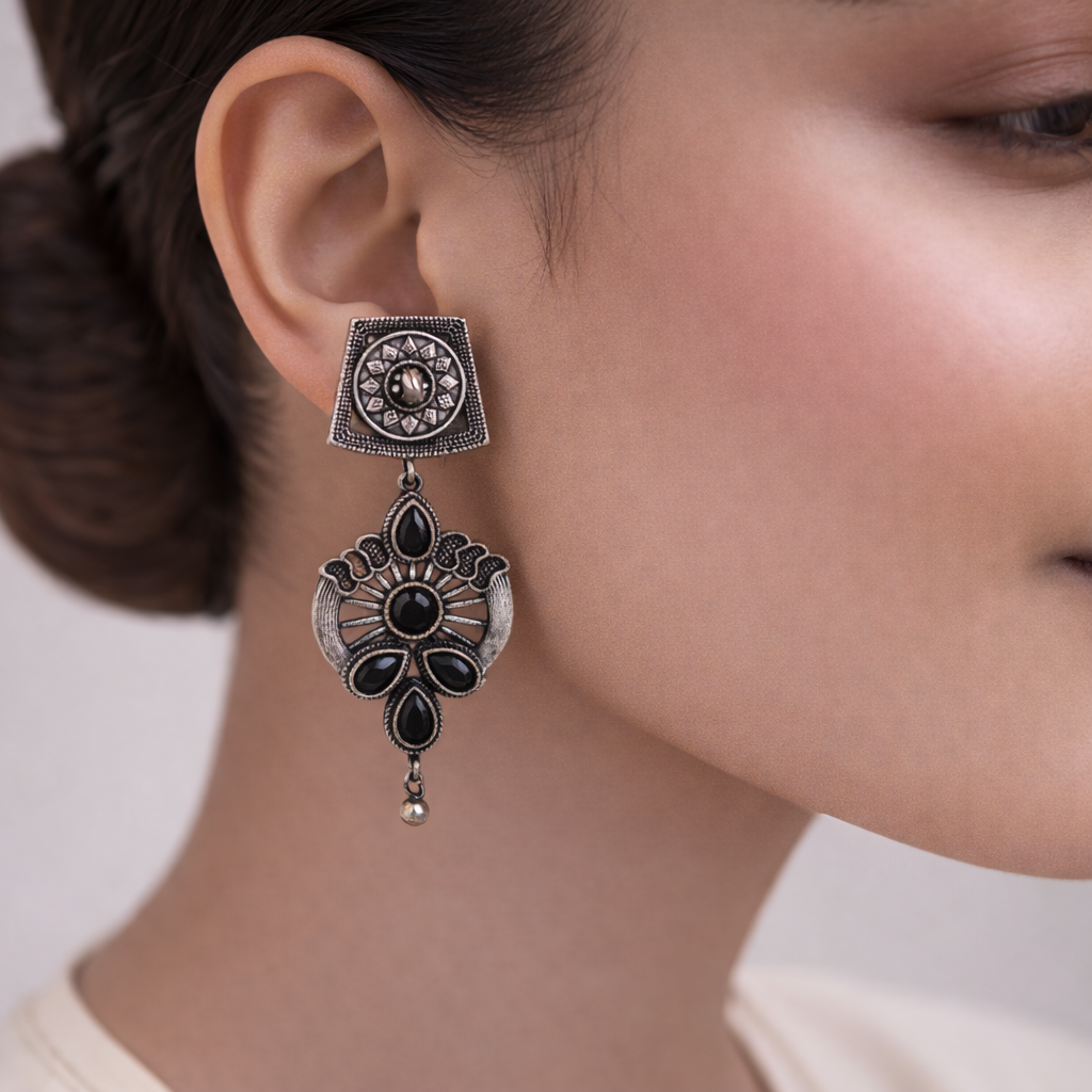 Gulbahar-Silver Brass Oxidised dangler earrings(Black)