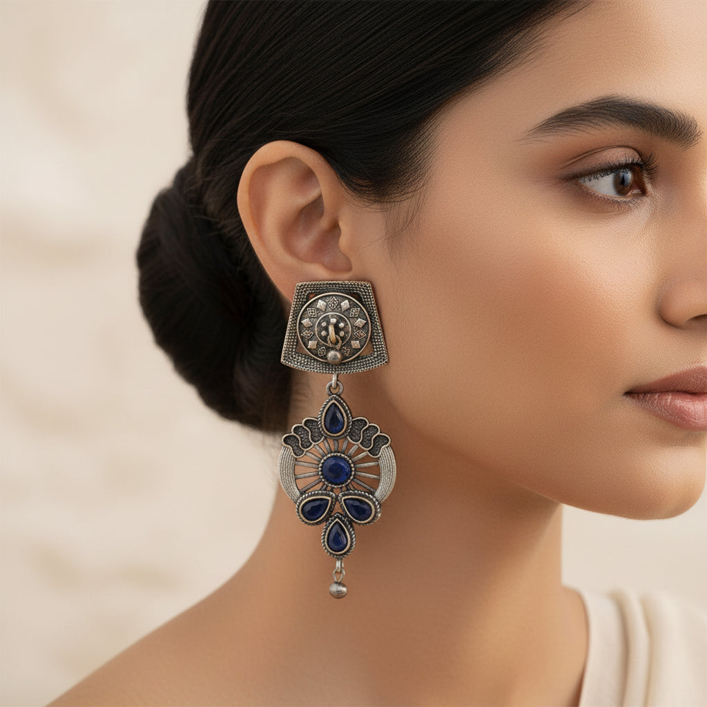 Gulbahar-Silver Brass Oxidised dangler earrings(Blue)