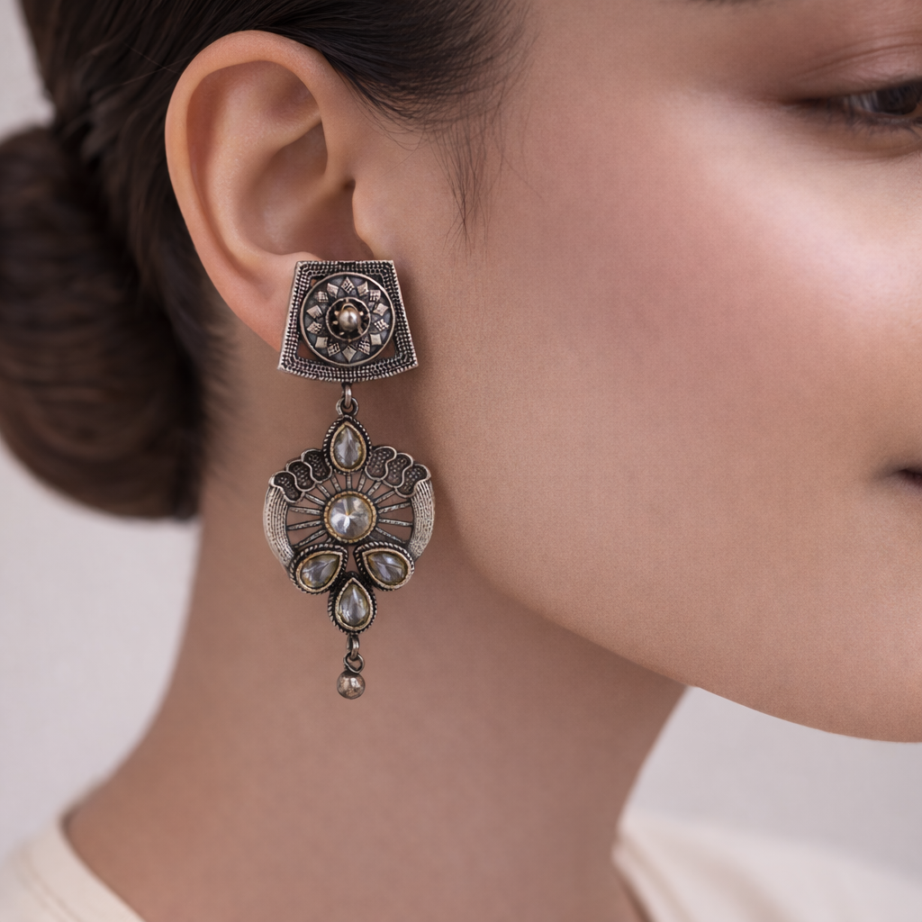 Gulbahar-Silver Brass Oxidised dangler earrings(White)