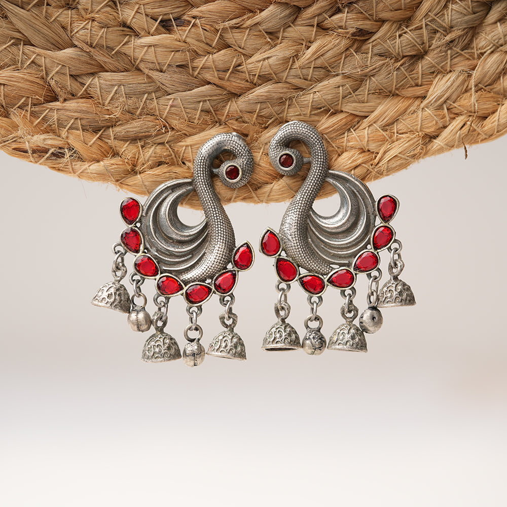 Hansika- Silver Brass ghunghroo dangler earrings(Red)