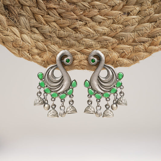 Hansika- Silver Brass ghunghroo dangler earrings(Green)