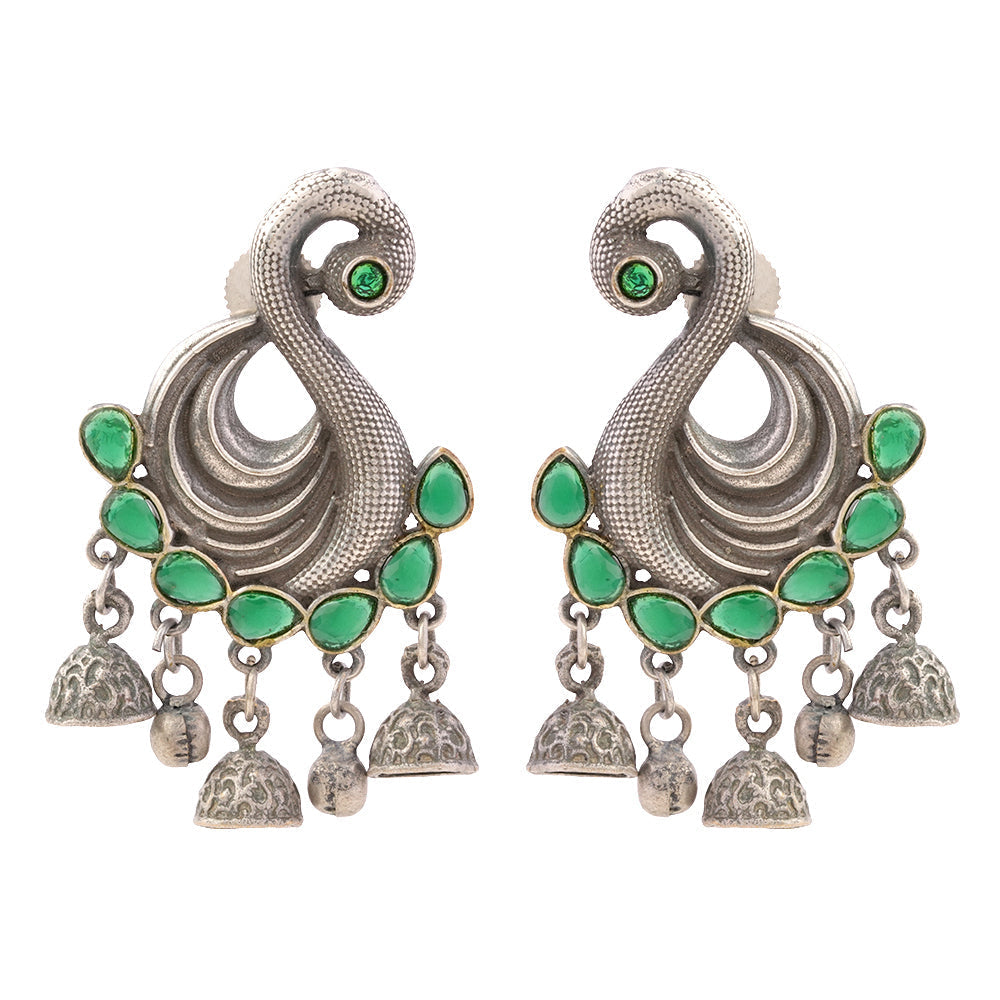 Hansika- Silver Brass ghunghroo dangler earrings(Green)