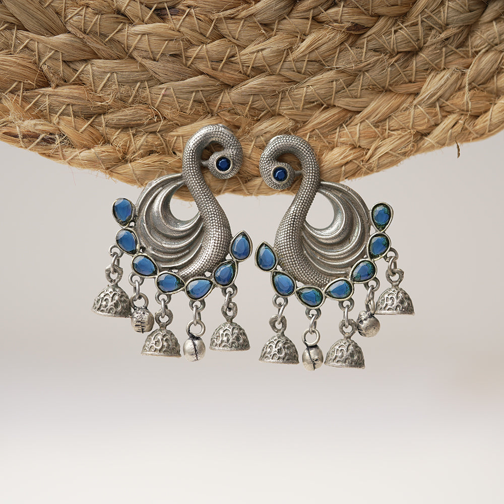Hansika- Silver Brass ghunghroo dangler earrings(Blue)