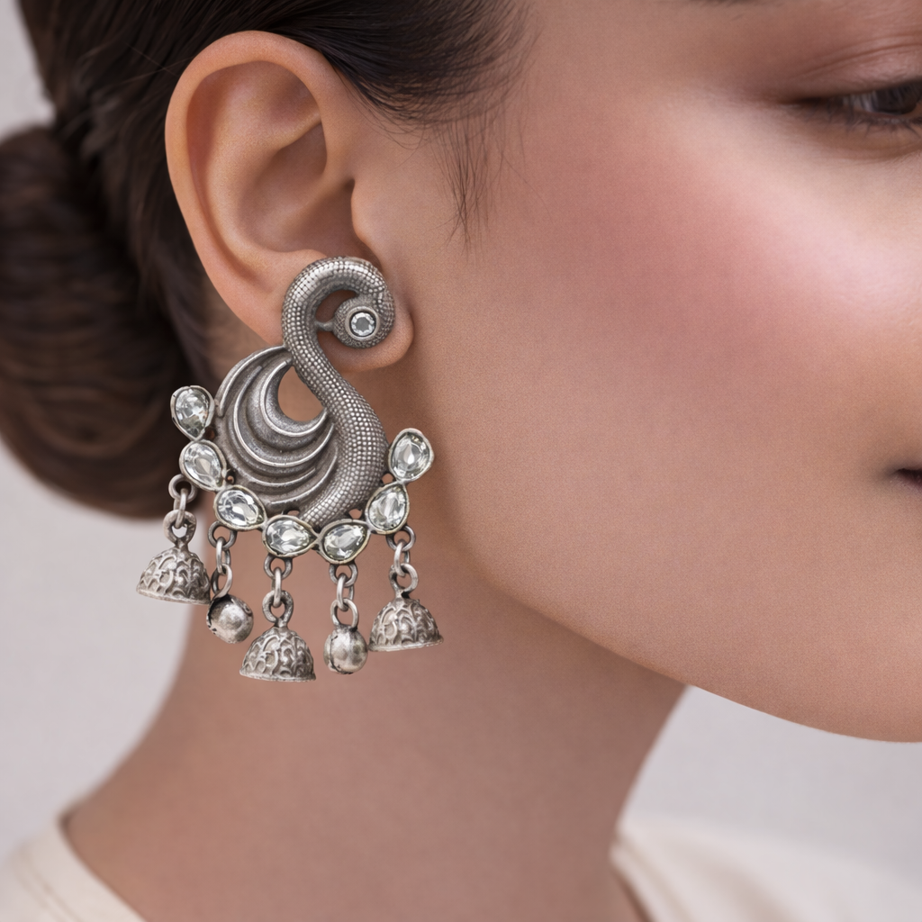 Hansika- Silver Brass ghunghroo dangler earrings(White)