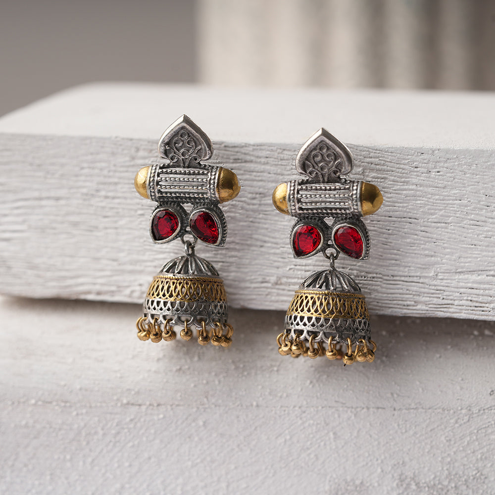 Rupali – Oxidised Silver Brass Stone-Studded Jhumka Earrings (Red)