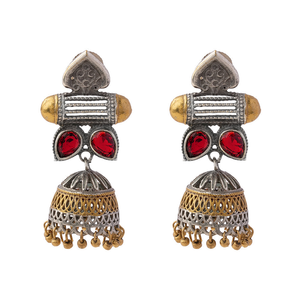 Rupali – Oxidised Silver Brass Stone-Studded Jhumka Earrings (Red)