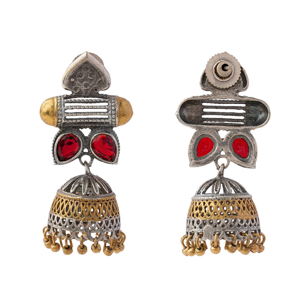 Rupali – Oxidised Silver Brass Stone-Studded Jhumka Earrings (Red)