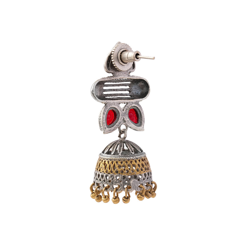 Rupali – Oxidised Silver Brass Stone-Studded Jhumka Earrings (Red)