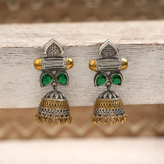 Rupali – Oxidised Silver Brass Stone-Studded Jhumka Earrings (Green)