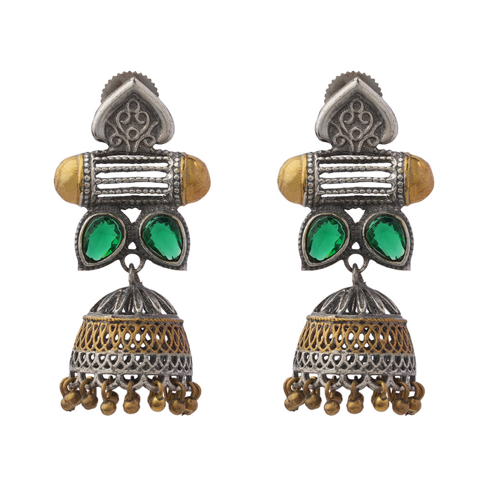 Rupali – Oxidised Silver Brass Stone-Studded Jhumka Earrings (Green)