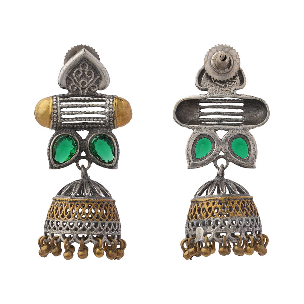 Rupali – Oxidised Silver Brass Stone-Studded Jhumka Earrings (Green)