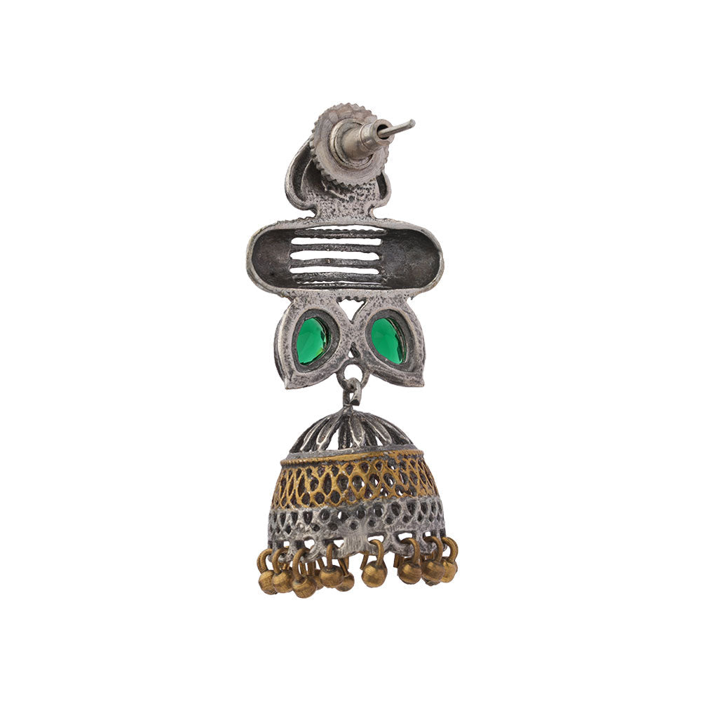 Rupali – Oxidised Silver Brass Stone-Studded Jhumka Earrings (Green)