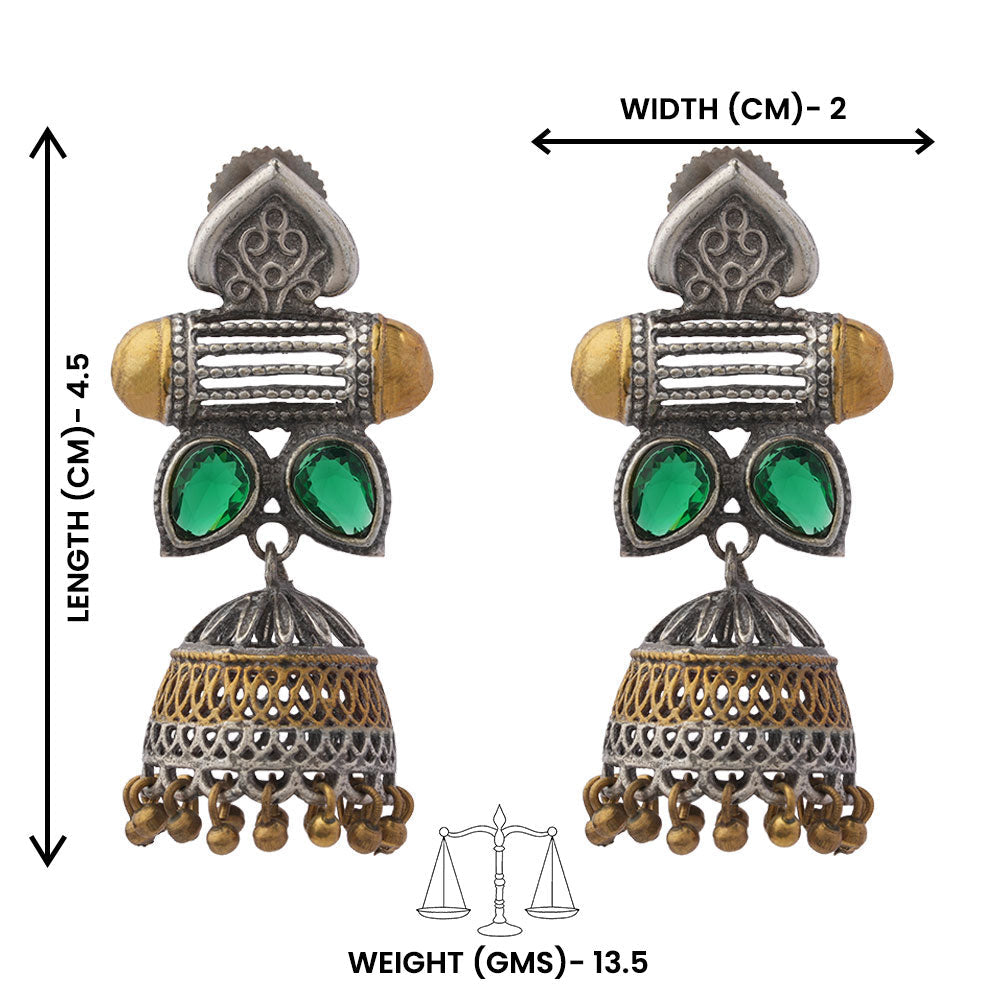 Rupali – Oxidised Silver Brass Stone-Studded Jhumka Earrings (Green)