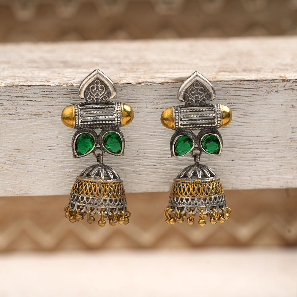 Rupali – Oxidised Silver Brass Stone-Studded Jhumka Earrings (Green)