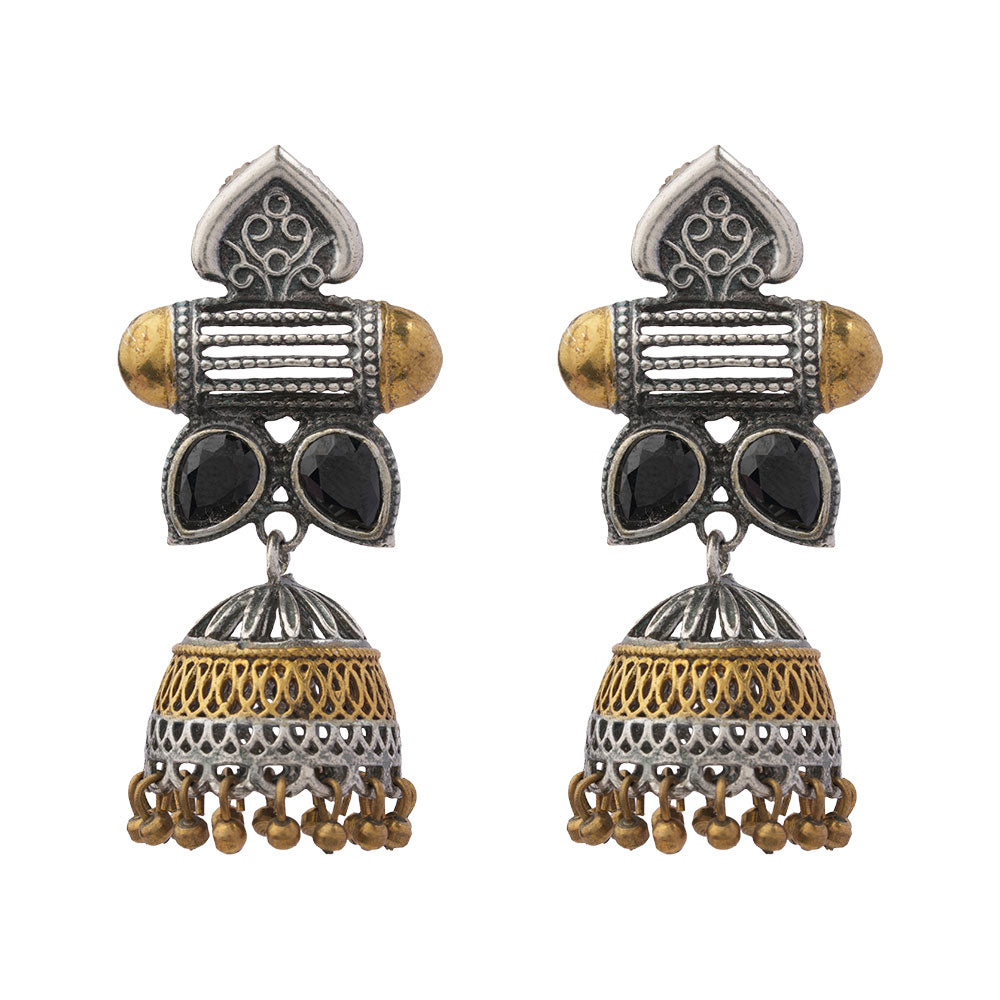 Rupali – Oxidised Silver Brass Stone-Studded Jhumka Earrings (Black)