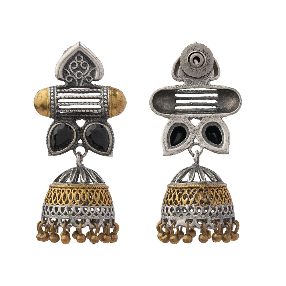 Rupali – Oxidised Silver Brass Stone-Studded Jhumka Earrings (Black)