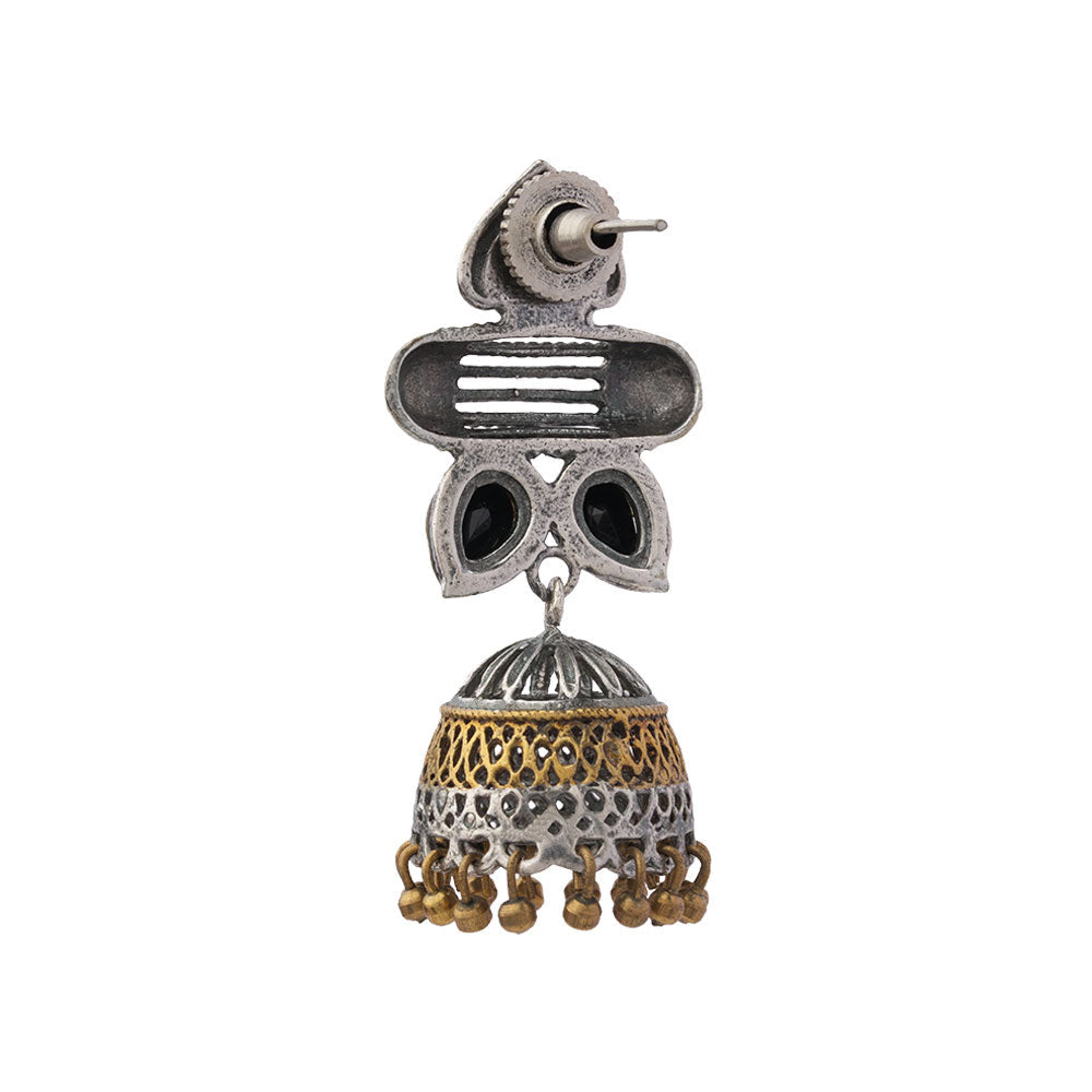 Rupali – Oxidised Silver Brass Stone-Studded Jhumka Earrings (Black)