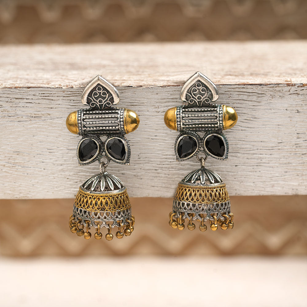 Rupali – Oxidised Silver Brass Stone-Studded Jhumka Earrings (Black)