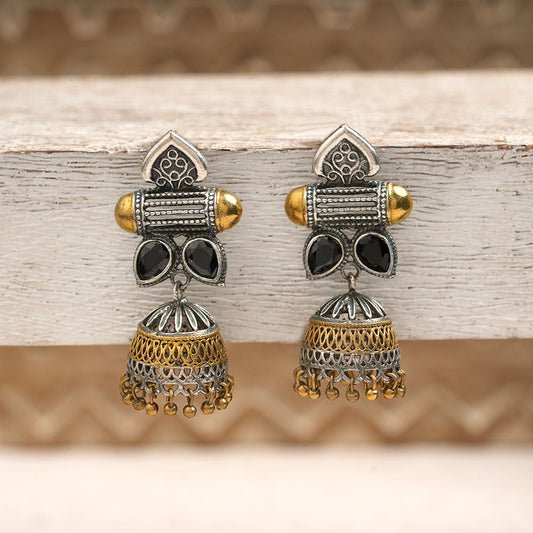 Rupali – Oxidised Silver Brass Stone-Studded Jhumka Earrings (Black)