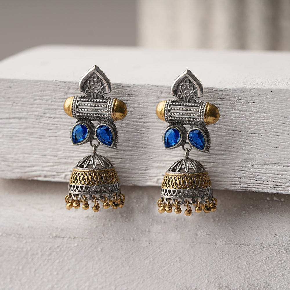 Rupali – Oxidised Silver Brass Stone-Studded Jhumka Earrings(Blue)