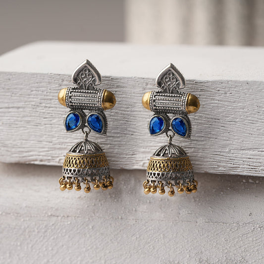 Rupali – Oxidised Silver Brass Stone-Studded Jhumka Earrings(Blue)