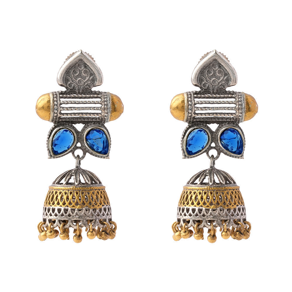 Rupali – Oxidised Silver Brass Stone-Studded Jhumka Earrings(Blue)
