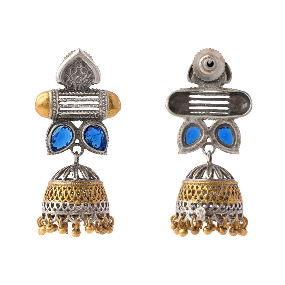 Rupali – Oxidised Silver Brass Stone-Studded Jhumka Earrings(Blue)