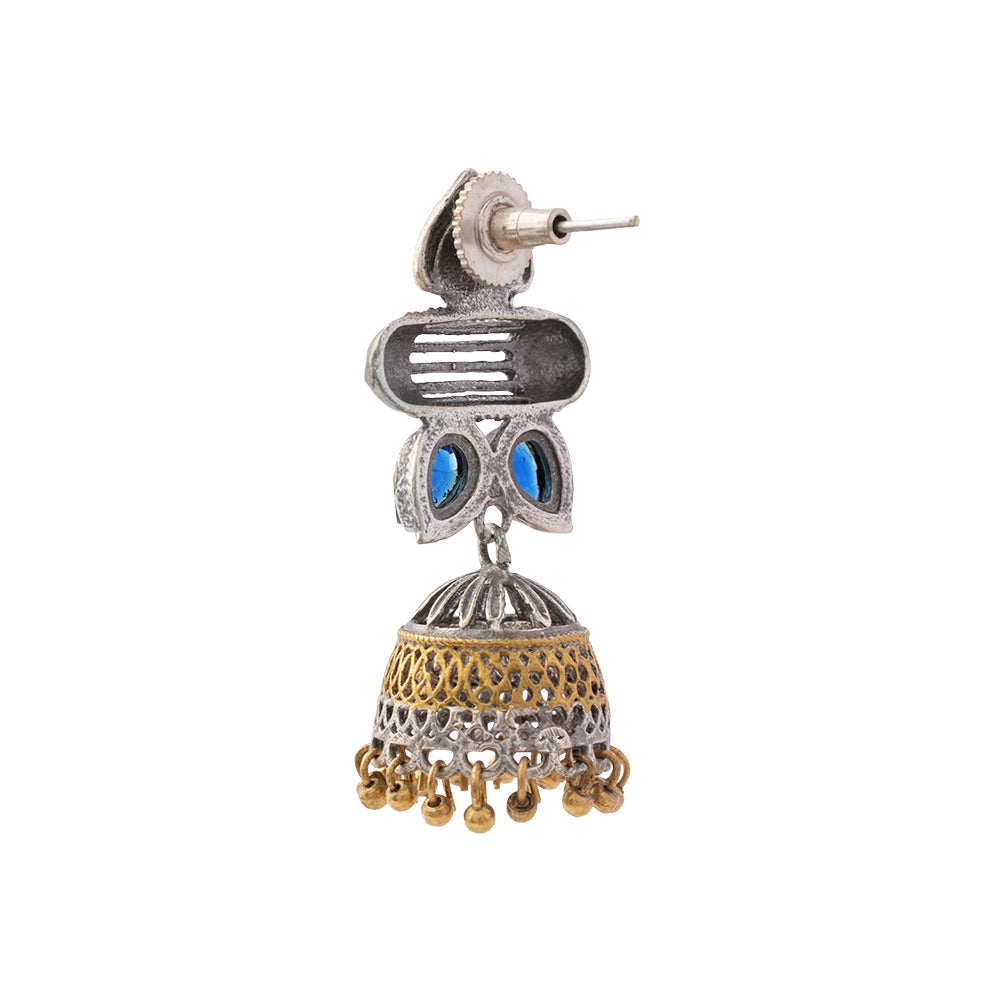 Rupali – Oxidised Silver Brass Stone-Studded Jhumka Earrings(Blue)