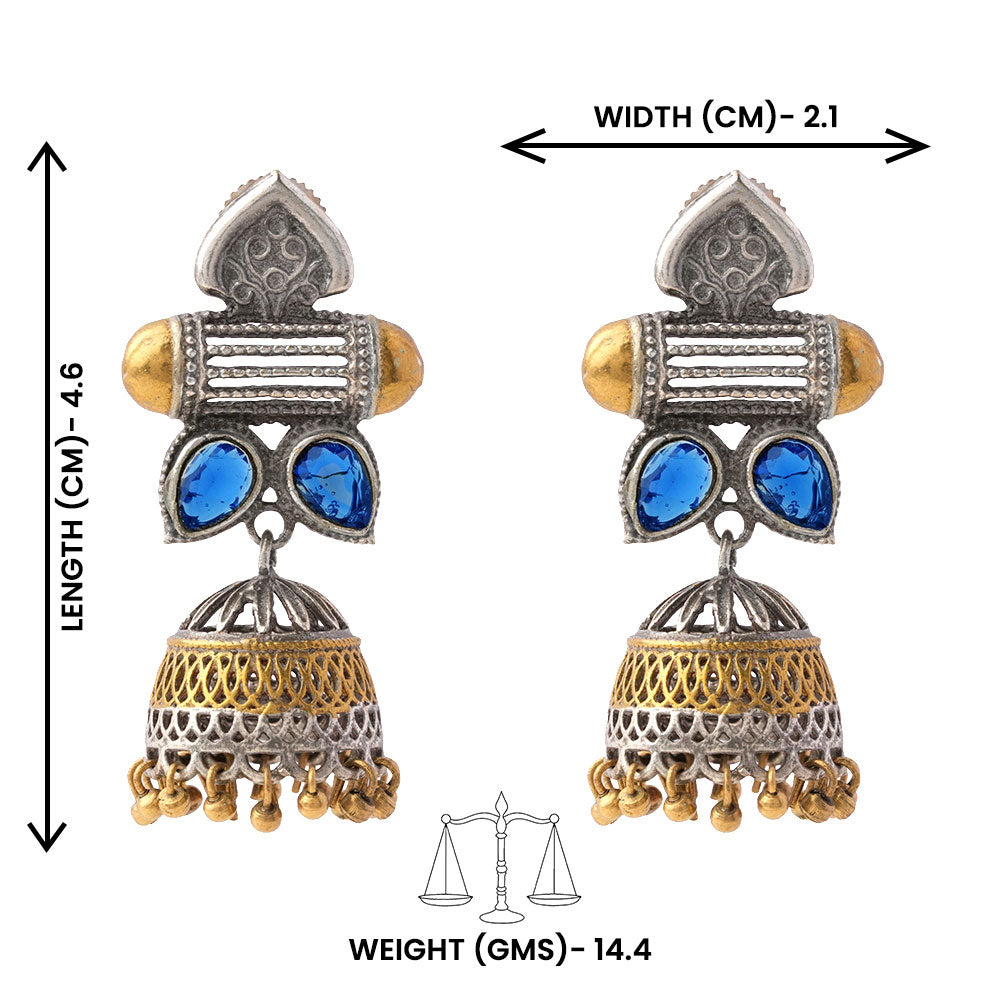 Rupali – Oxidised Silver Brass Stone-Studded Jhumka Earrings(Blue)